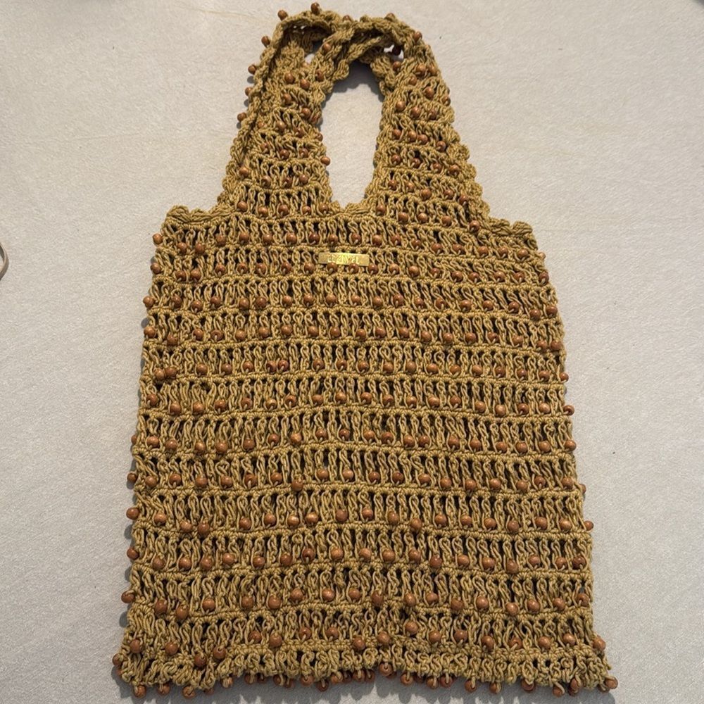 Aava Khaki Brown Beaded Open Knit Crochet Double Handle Market Beach Boho Tote